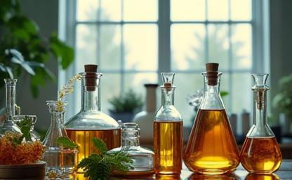 Aromatic factory scene with natural ingredients and glass flasks